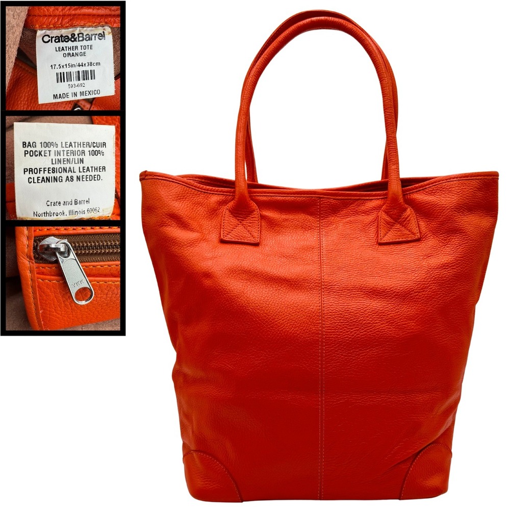 Crate & Barrel Leather Tote Bag Pebbled Large Shopper Orange Mexico Quiet Luxury